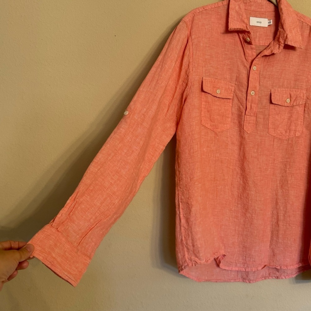 ONIA Linen Button Up Shirt Women's Size M Collar Roll Tab Long Sleeve Summer